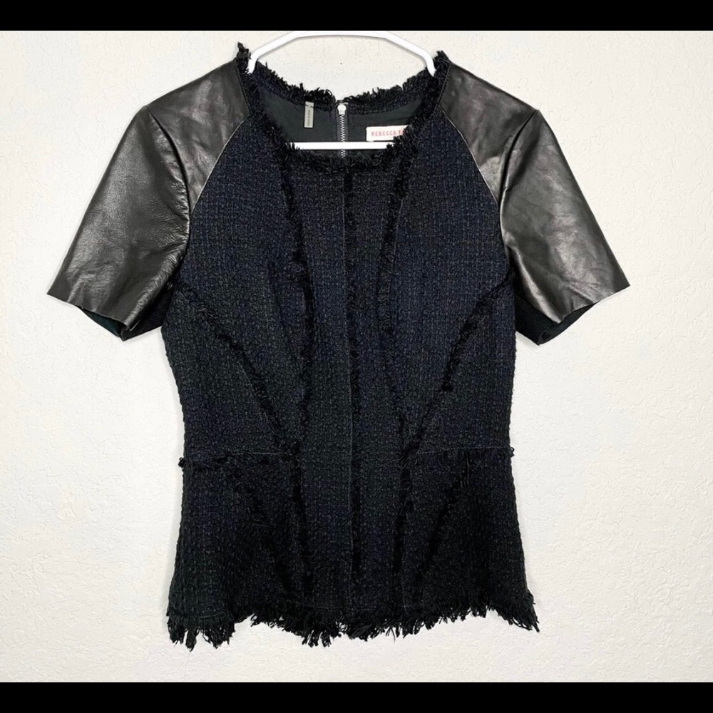 Rebecca Taylor Tweed Top w Leather Sleeves